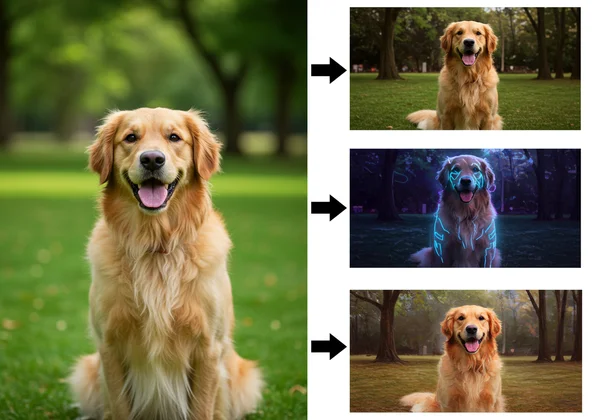 Photo of a dog transformed into various AI art styles.