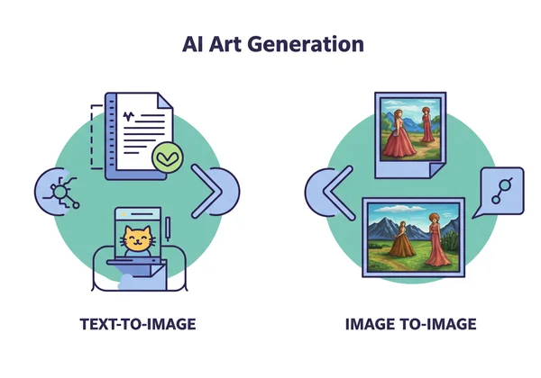 Diagram comparing text-to-image and image-to-image AI.
