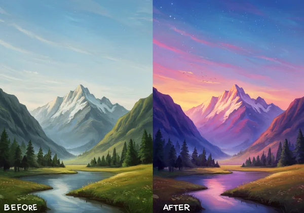 Side-by-side comparison of a photo and AI art