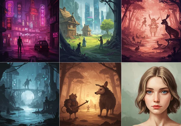 Various AI art styles like cyberpunk, Ghibli, watercolor examples