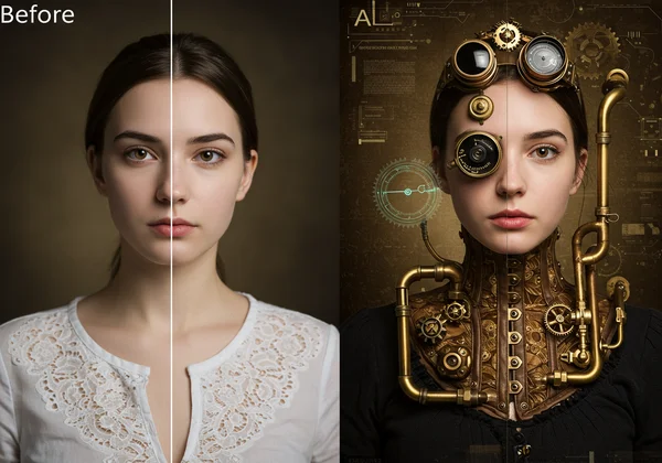 AI transforming a photo into a steampunk artwork before and after