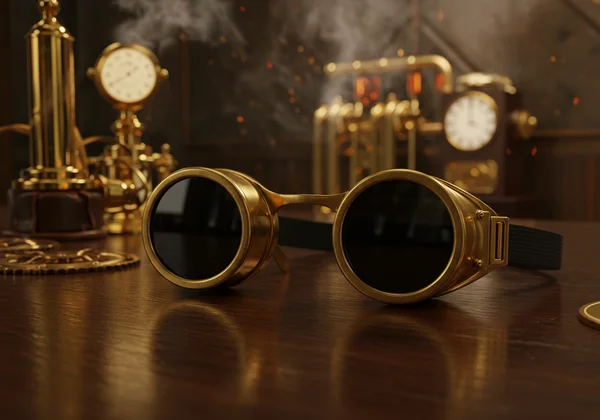Victorian futurism with brass goggles and steam machinery