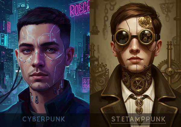 Split image of Cyberpunk and Steampunk AI art styles