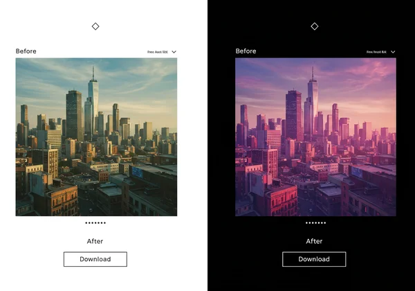 Before and after AI art comparison with download button
