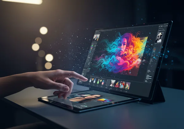 Hand transforming photo into AI art on a digital canvas