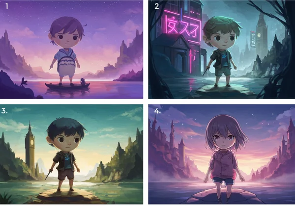 Grid of diverse AI art styles like Ghibli, Cyberpunk, Watercolor