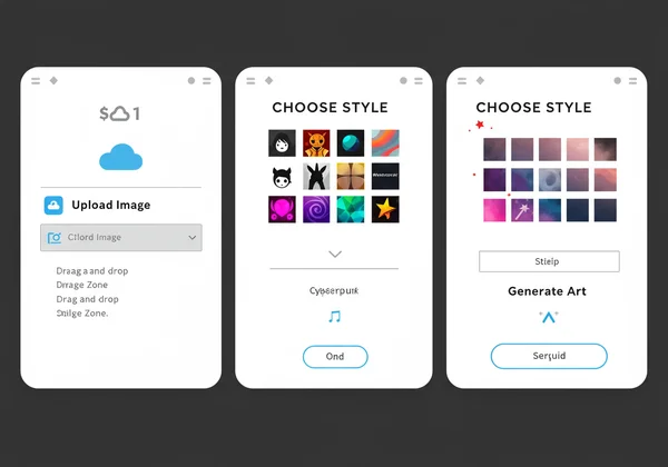 Workflow of uploading photo, choosing style, and generating art