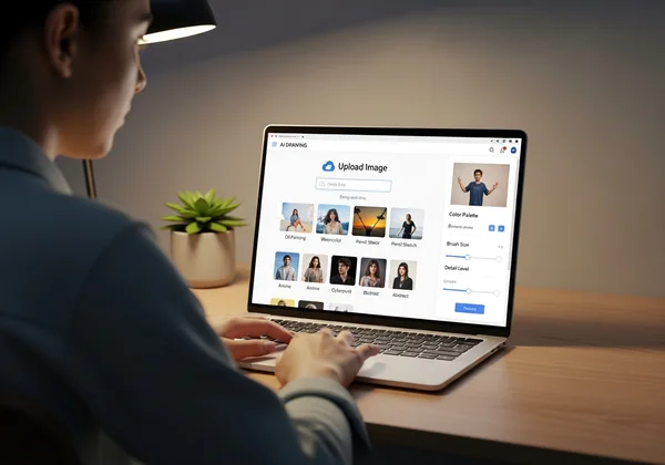 User using an AI drawing tool on a laptop