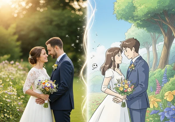 Wedding photo transforming into Ghibli art