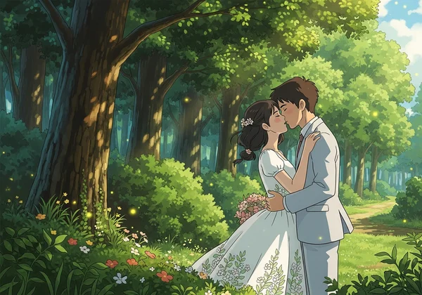 Ghibli art of a couple's first kiss