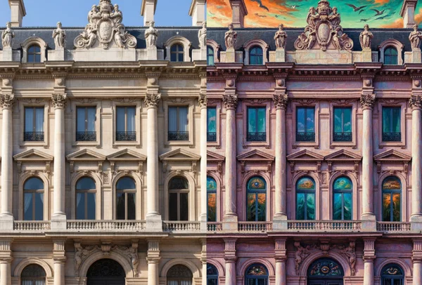 Symmetrical building facade before and after AI transformation