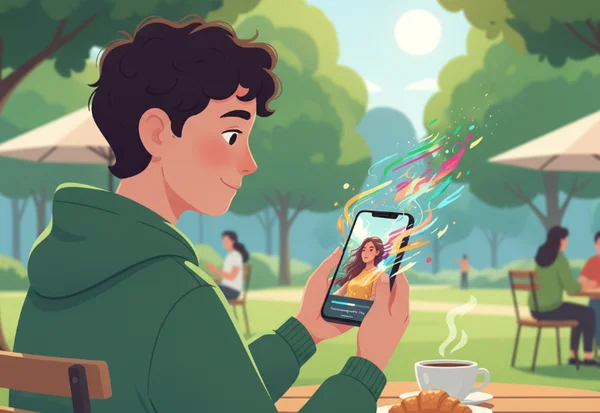 Person creating AI art on smartphone outdoors